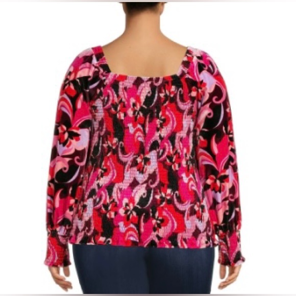 Terra & Sky pink, red, lavender & black velvet smocked top size 0x(14W) - Picture 3 of 10